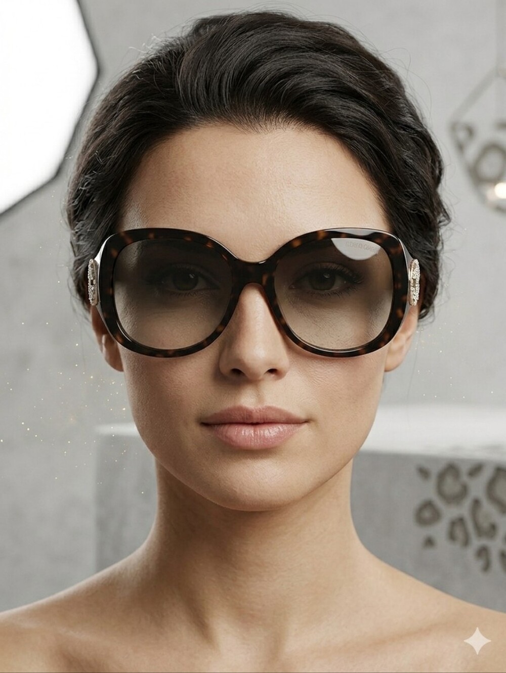 Roberto Cavalli Oversized Tortoiseshell Sunglasses with Crystal Temples